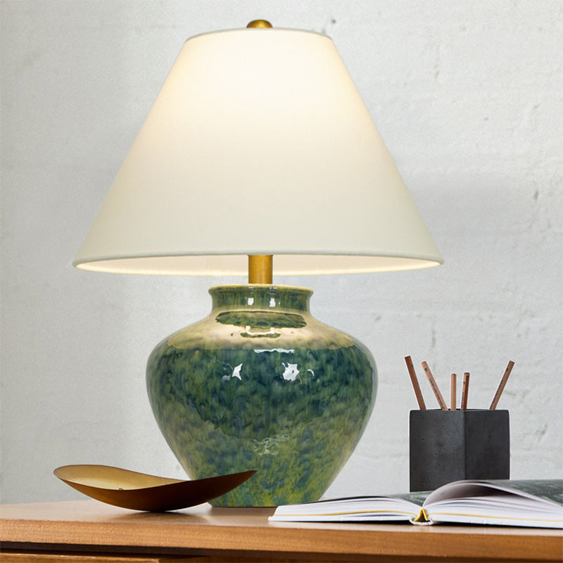 Traditional Japanese Frustum Cone Ceramic Fabric Metal 1-Light Table Lamp For Bedroom