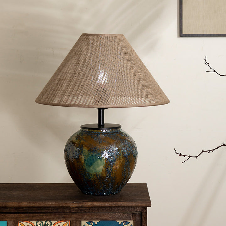 Lampe de table à 1 lumière en tissu métallique et céramique conique frustum chinois traditionnel pour chambre 