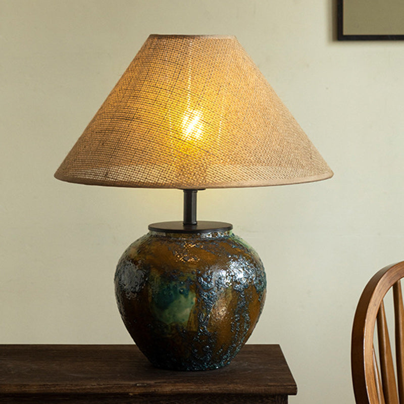 Lampe de table à 1 lumière en tissu métallique et céramique conique frustum chinois traditionnel pour chambre 