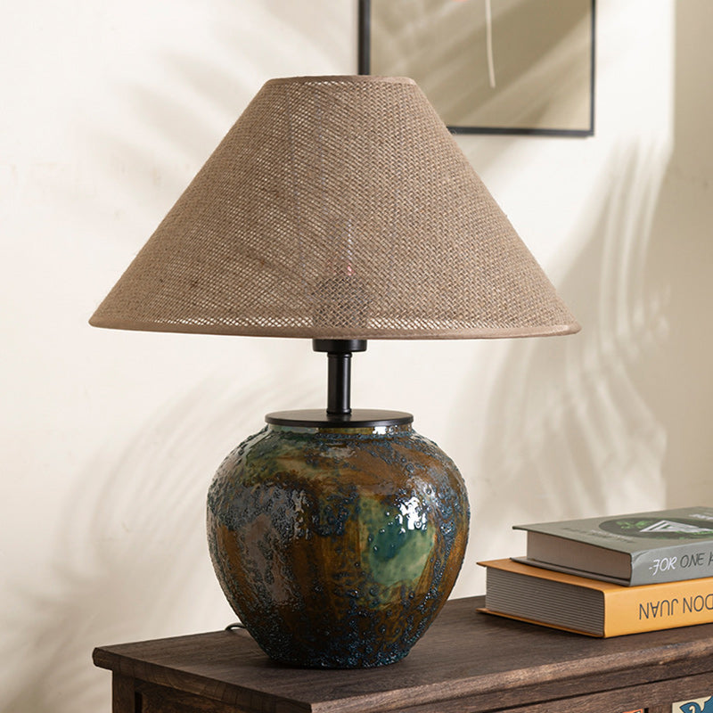Lampe de table à 1 lumière en tissu métallique et céramique conique frustum chinois traditionnel pour chambre 