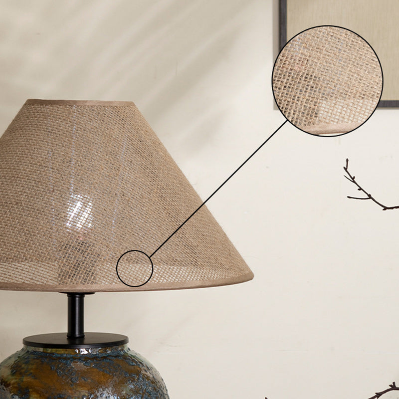 Lampe de table à 1 lumière en tissu métallique et céramique conique frustum chinois traditionnel pour chambre 