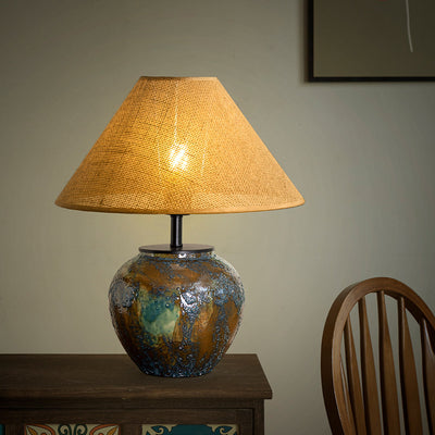Lampe de table à 1 lumière en tissu métallique et céramique conique frustum chinois traditionnel pour chambre 