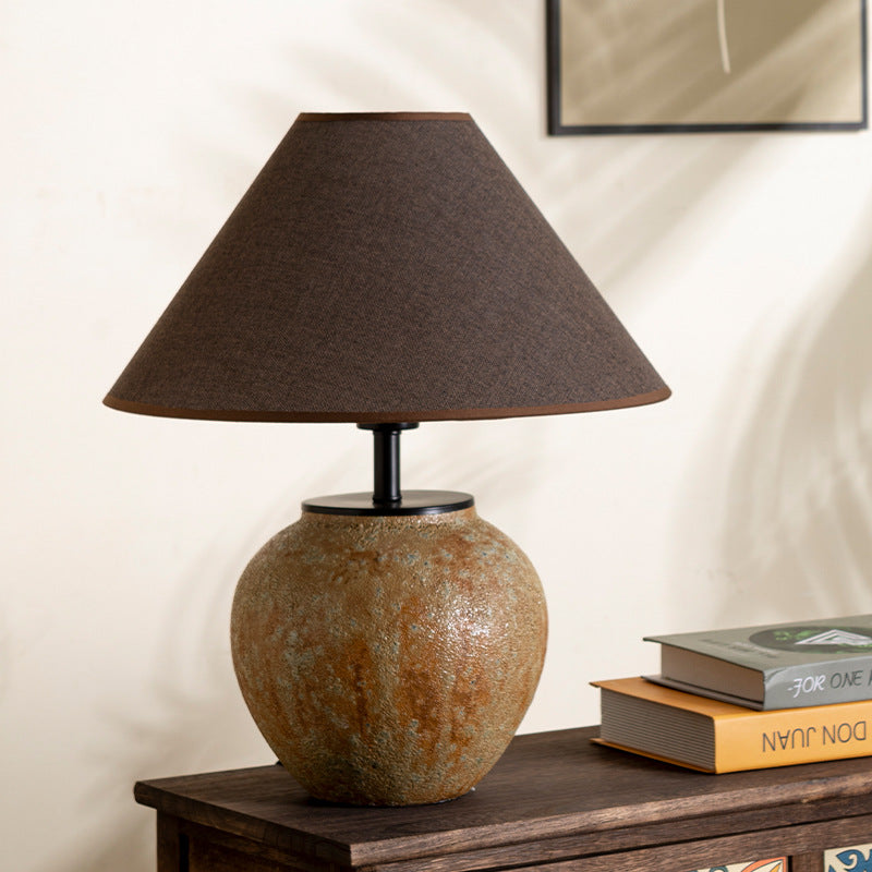 Lampe de table à 1 lumière en tissu métallique et céramique conique frustum chinois traditionnel pour chambre 