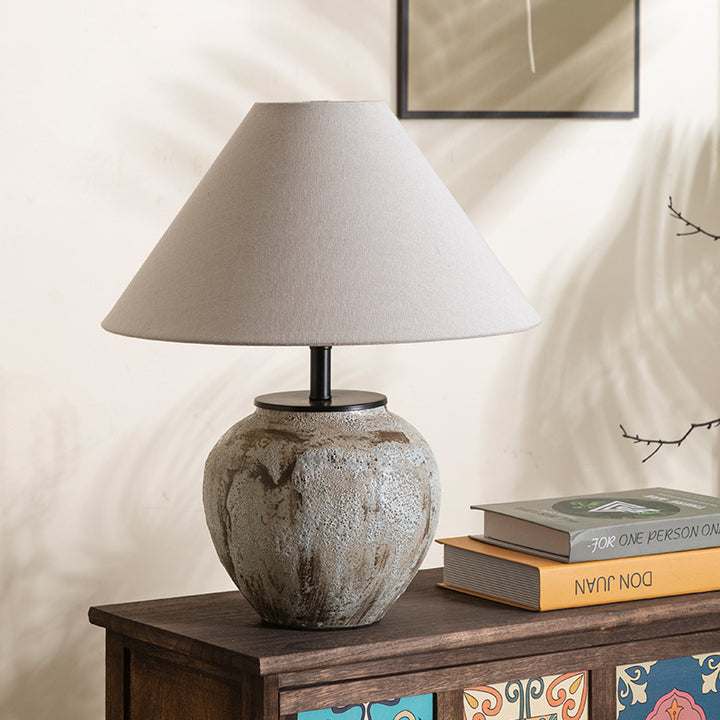 Lampe de table à 1 lumière en tissu métallique et céramique conique frustum chinois traditionnel pour chambre 