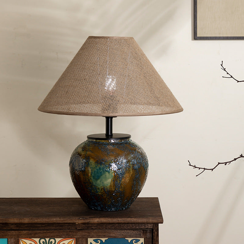 Lampe de table à 1 lumière en tissu métallique et céramique conique frustum chinois traditionnel pour chambre 