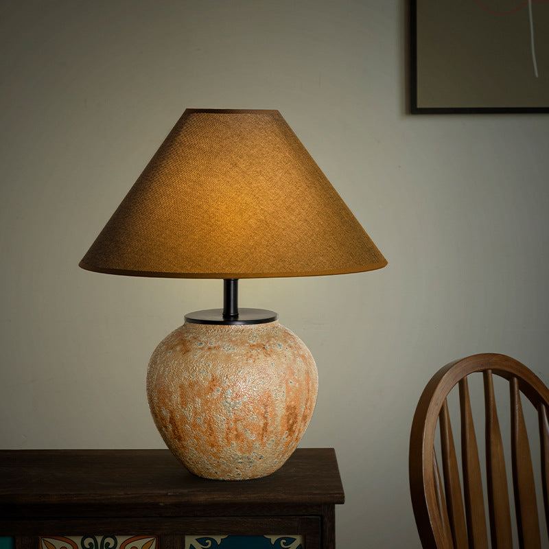 Lampe de table à 1 lumière en tissu métallique et céramique conique frustum chinois traditionnel pour chambre 
