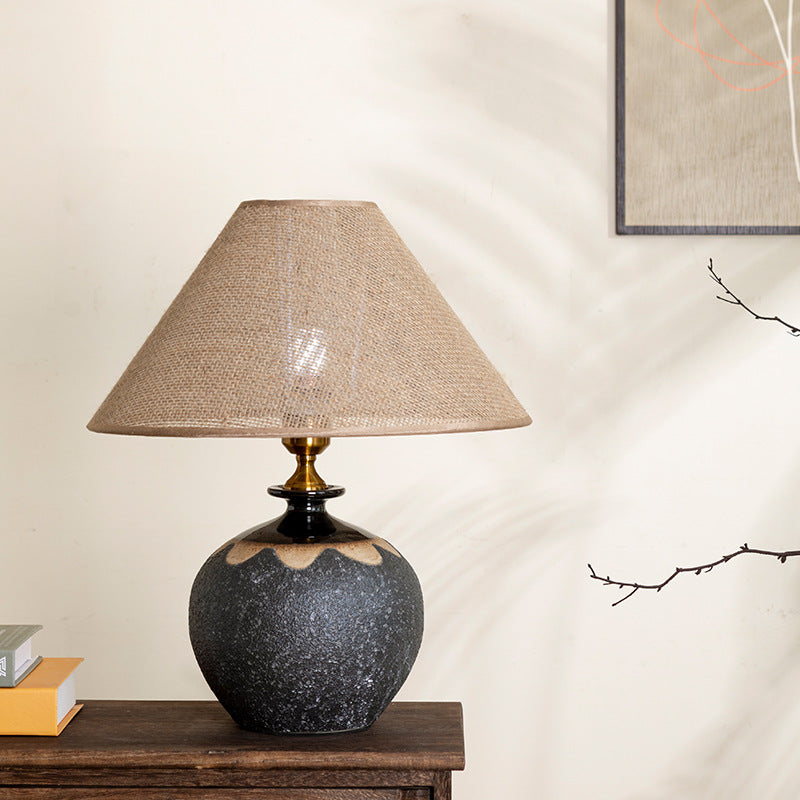 Lampe de table à 1 lumière en tissu métallique et céramique conique frustum chinois traditionnel pour chambre 