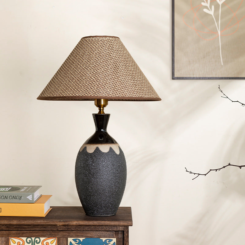 Lampe de table à 1 lumière en tissu métallique et céramique conique frustum chinois traditionnel pour chambre 