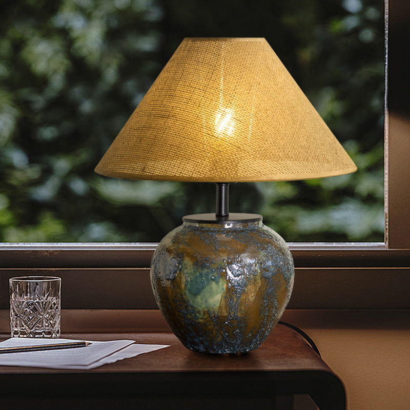 Lampe de table à 1 lumière en tissu métallique et céramique conique frustum chinois traditionnel pour chambre 