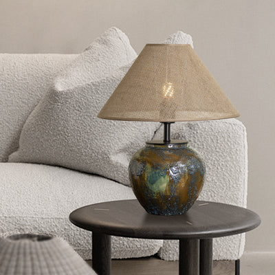 Lampe de table à 1 lumière en tissu métallique et céramique conique frustum chinois traditionnel pour chambre 