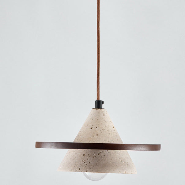 Traditionelle japanische Kegelgelbe Travertin-Walnuss 1-Licht Pendelleuchte für das Schlafzimmer 