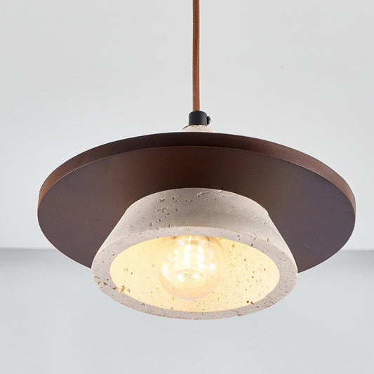Traditionelle japanische Kegelgelbe Travertin-Walnuss 1-Licht Pendelleuchte für das Schlafzimmer 