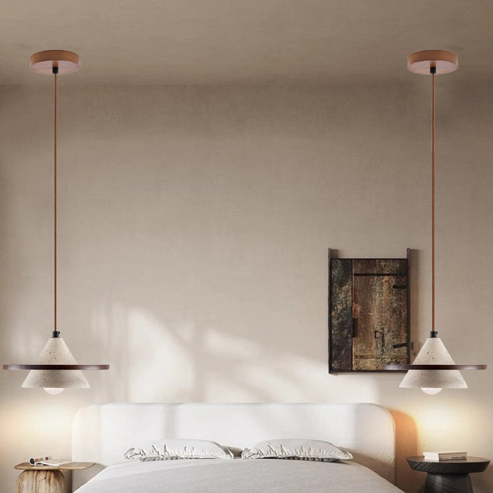 Traditionelle japanische Kegelgelbe Travertin-Walnuss 1-Licht Pendelleuchte für das Schlafzimmer 