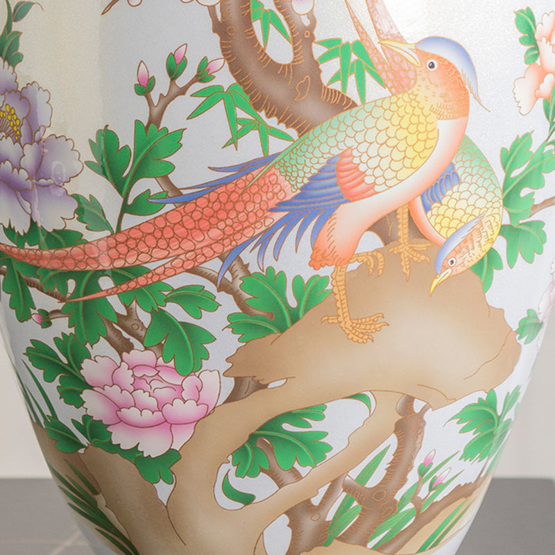 Traditional Chinese Ceramic Table Lamp with Tapered Fabric Shade, Metal Base, 1-Light for Bedroom or Living Room