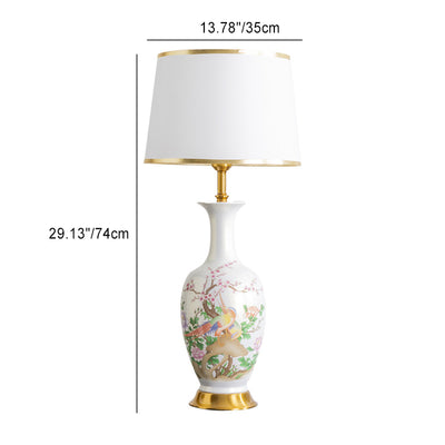Traditional Chinese Ceramic Table Lamp with Tapered Fabric Shade, Metal Base, 1-Light for Bedroom or Living Room