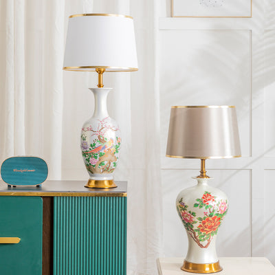 Traditional Chinese Ceramic Table Lamp with Tapered Fabric Shade, Metal Base, 1-Light for Bedroom or Living Room