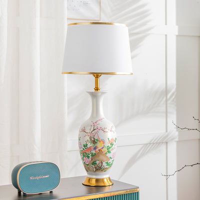 Traditional Chinese Ceramic Table Lamp with Tapered Fabric Shade, Metal Base, 1-Light for Bedroom or Living Room