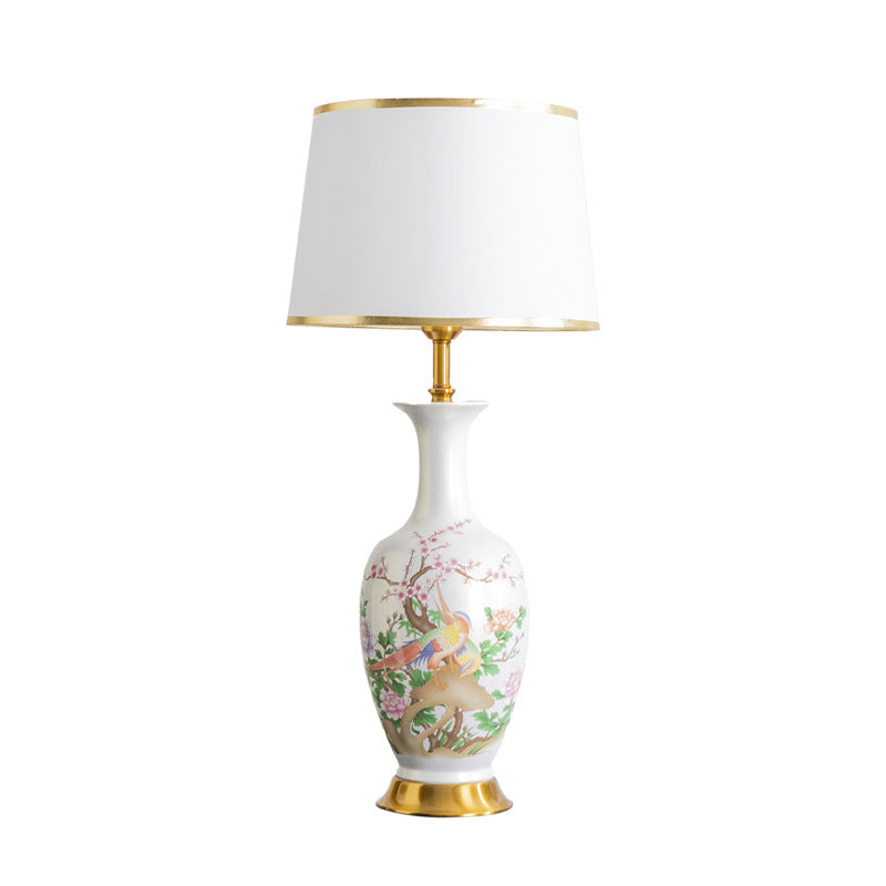 Traditional Chinese Ceramic Table Lamp with Tapered Fabric Shade, Metal Base, 1-Light for Bedroom or Living Room