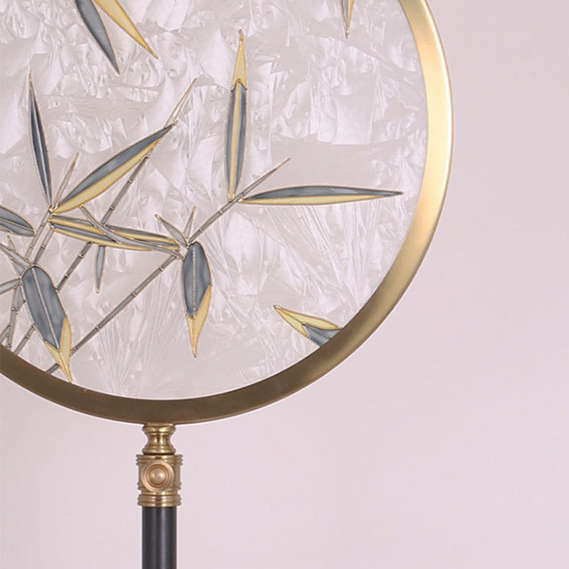 Traditionelle chinesische Bambusblatt-Rundglas-Metall-LED-Stehleuchte für das Wohnzimmer 