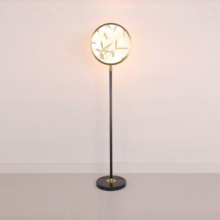 Lámpara de pie LED tradicional de hoja de bambú china redonda en metal y vidrio para sala de estar 