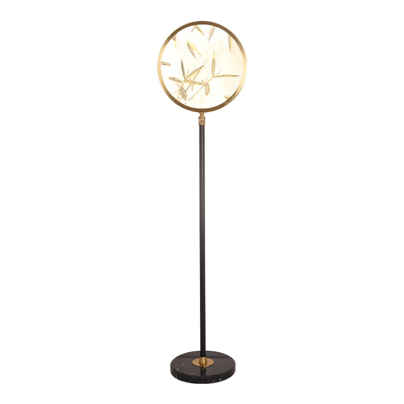 Lámpara de pie LED tradicional de hoja de bambú china redonda en metal y vidrio para sala de estar 