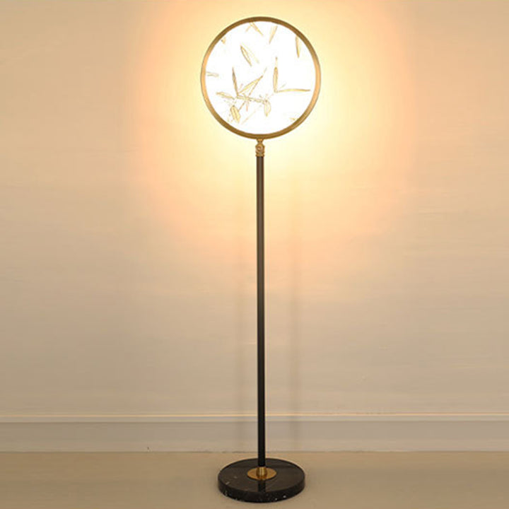 Lámpara de pie LED tradicional de hoja de bambú china redonda en metal y vidrio para sala de estar 