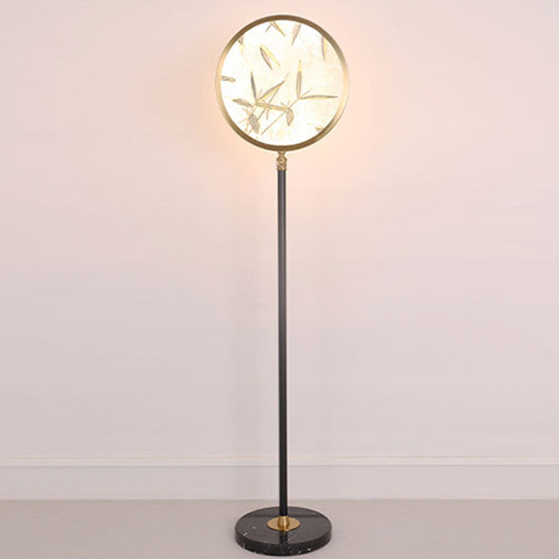 Lámpara de pie LED tradicional de hoja de bambú china redonda en metal y vidrio para sala de estar 