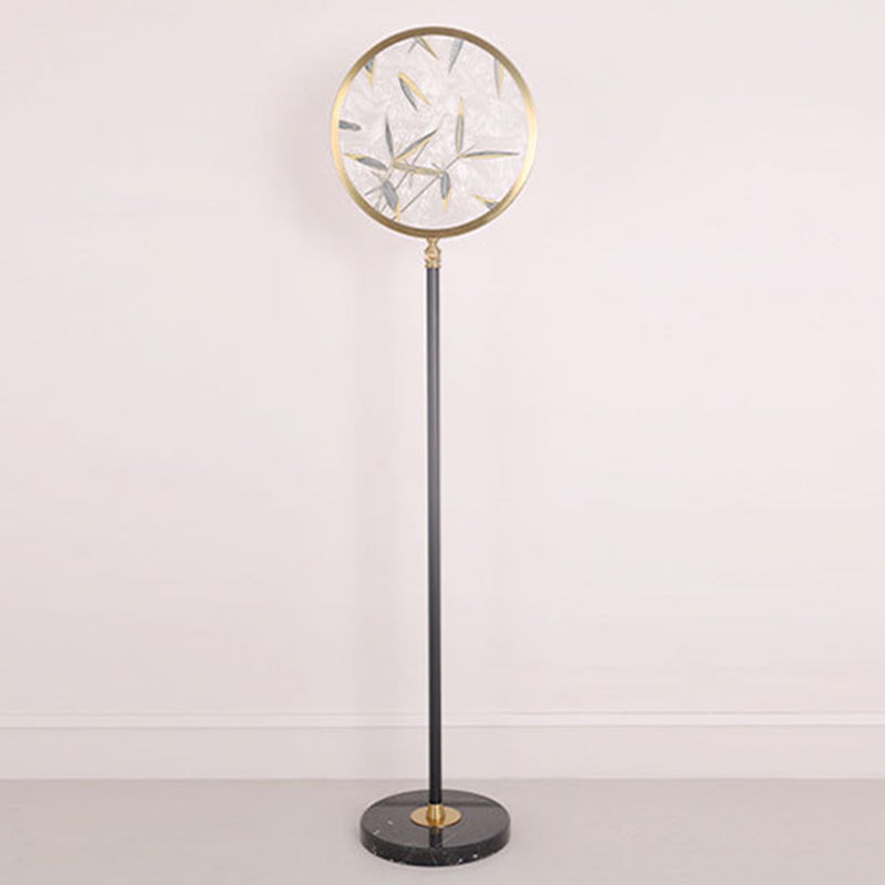 Lámpara de pie LED tradicional de hoja de bambú china redonda en metal y vidrio para sala de estar 