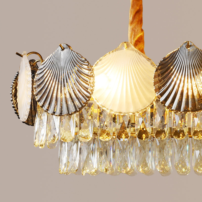 Lustre rectangulaire nordique contemporain à 8 lumières avec abat-jour en anneau de coquillage – Lumière de salle à manger en fer et verre 