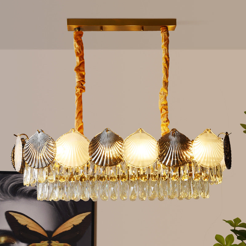 Lustre rectangulaire nordique contemporain à 8 lumières avec abat-jour en anneau de coquillage – Lumière de salle à manger en fer et verre 