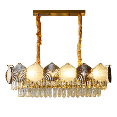 Lustre rectangulaire nordique contemporain à 8 lumières avec abat-jour en anneau de coquillage – Lumière de salle à manger en fer et verre 