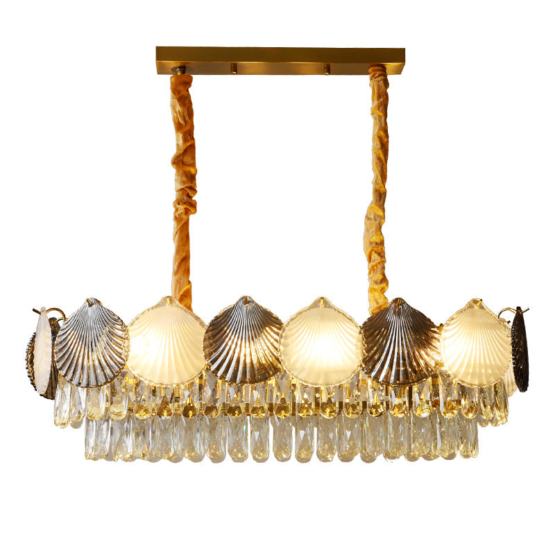 Lustre rectangulaire nordique contemporain à 8 lumières avec abat-jour en anneau de coquillage – Lumière de salle à manger en fer et verre 