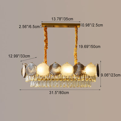 Lustre rectangulaire nordique contemporain à 8 lumières avec abat-jour en anneau de coquillage – Lumière de salle à manger en fer et verre 