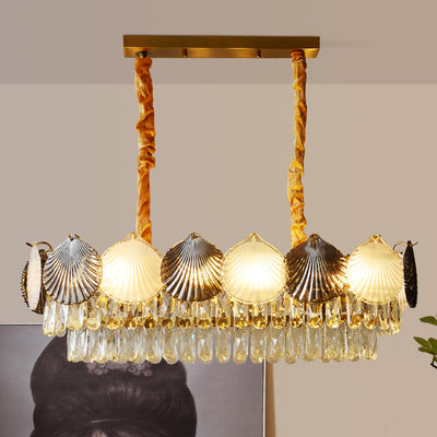 Lustre rectangulaire nordique contemporain à 8 lumières avec abat-jour en anneau de coquillage – Lumière de salle à manger en fer et verre 