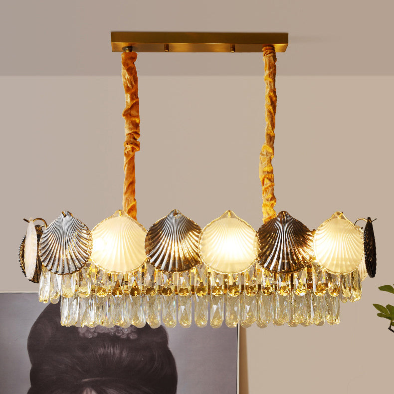 Lustre rectangulaire nordique contemporain à 8 lumières avec abat-jour en anneau de coquillage – Lumière de salle à manger en fer et verre 