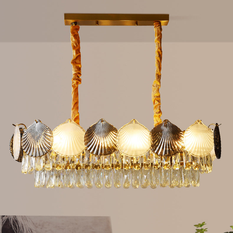Lustre rectangulaire nordique contemporain à 8 lumières avec abat-jour en anneau de coquillage – Lumière de salle à manger en fer et verre 