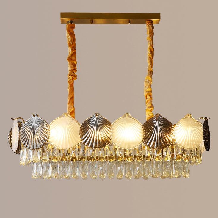 Lustre rectangulaire nordique contemporain à 8 lumières avec abat-jour en anneau de coquillage – Lumière de salle à manger en fer et verre 
