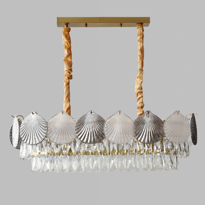 Lustre rectangulaire nordique contemporain à 8 lumières avec abat-jour en anneau de coquillage – Lumière de salle à manger en fer et verre 