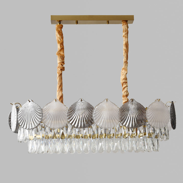 Lustre rectangulaire nordique contemporain à 8 lumières avec abat-jour en anneau de coquillage – Lumière de salle à manger en fer et verre 