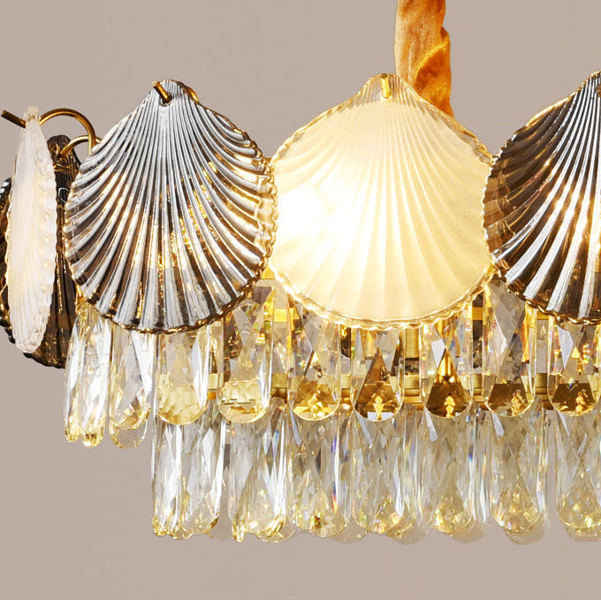 Lustre rectangulaire nordique contemporain à 8 lumières avec abat-jour en anneau de coquillage – Lumière de salle à manger en fer et verre 