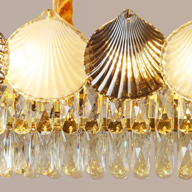 Lustre rectangulaire nordique contemporain à 8 lumières avec abat-jour en anneau de coquillage – Lumière de salle à manger en fer et verre 