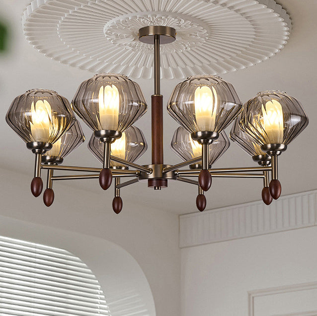 Lámpara de Araña Francesa Tradicional – Diseño de Diamante de 6/8 Luces en Metal, Madera Maciza y Vidrio para Sala de Estar 