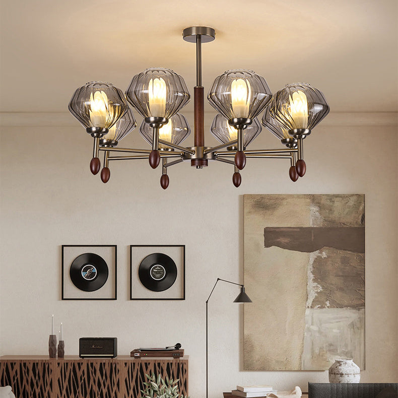 Lámpara de Araña Francesa Tradicional – Diseño de Diamante de 6/8 Luces en Metal, Madera Maciza y Vidrio para Sala de Estar 