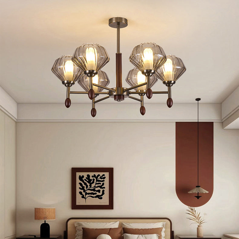 Lámpara de Araña Francesa Tradicional – Diseño de Diamante de 6/8 Luces en Metal, Madera Maciza y Vidrio para Sala de Estar 