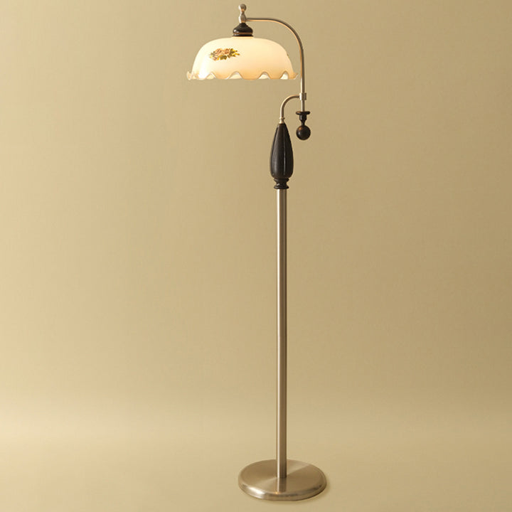 Traditional Chinese Floor Lamp – 1-Light Dome Glass Shade with Ash Wood &amp; Metal Frame for Living Room