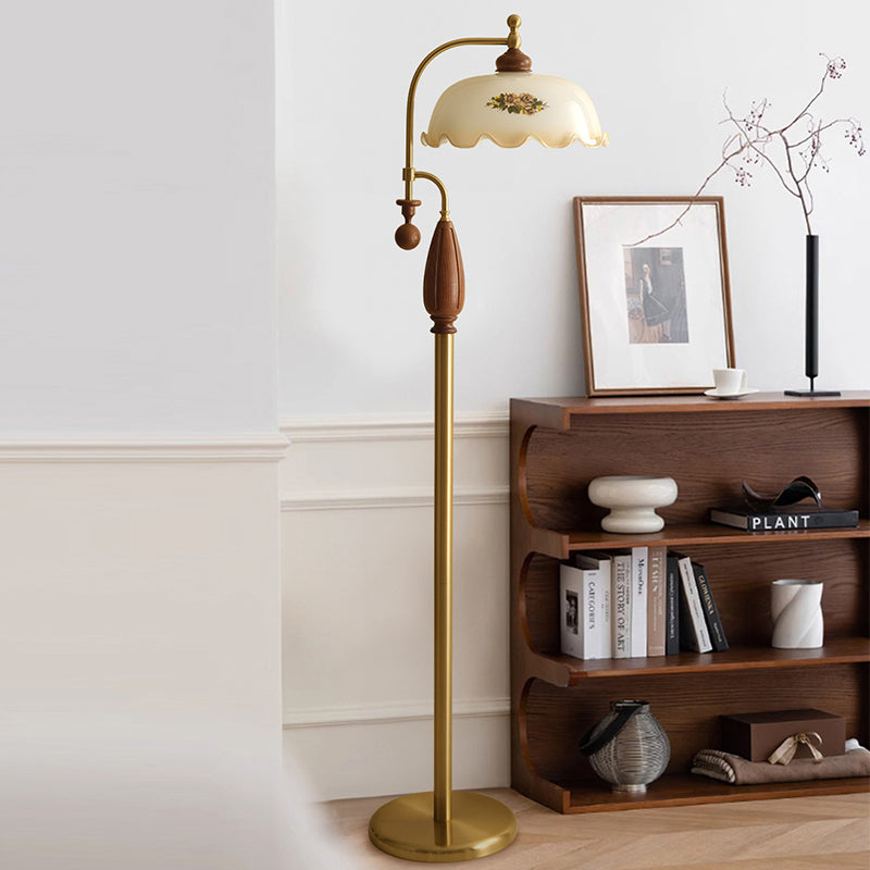 Traditional Chinese Floor Lamp – 1-Light Dome Glass Shade with Ash Wood &amp; Metal Frame for Living Room