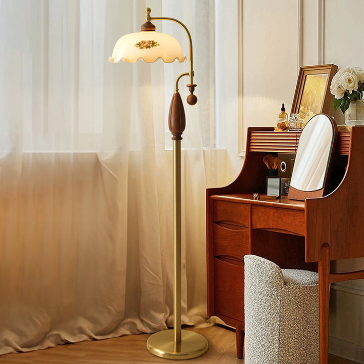 Traditional Chinese Floor Lamp – 1-Light Dome Glass Shade with Ash Wood &amp; Metal Frame for Living Room