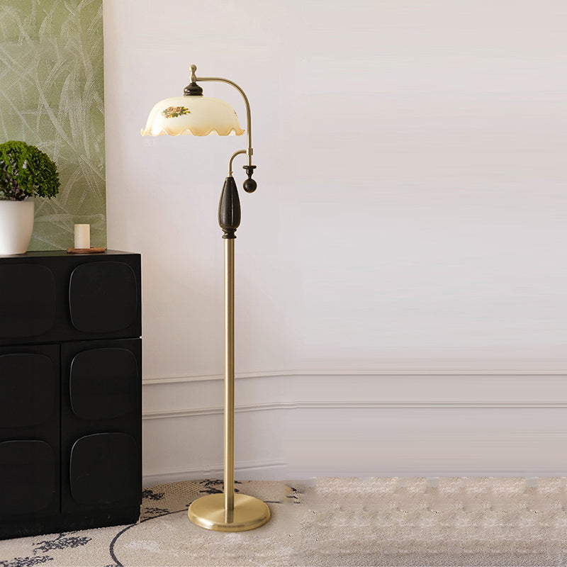Traditional Chinese Floor Lamp – 1-Light Dome Glass Shade with Ash Wood &amp; Metal Frame for Living Room