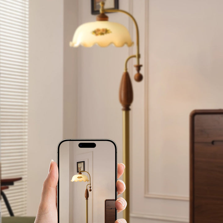 Traditional Chinese Floor Lamp – 1-Light Dome Glass Shade with Ash Wood &amp; Metal Frame for Living Room