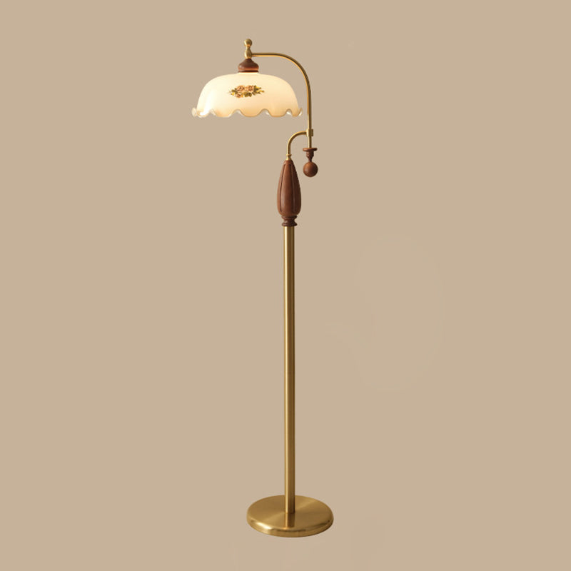 Traditional Chinese Floor Lamp – 1-Light Dome Glass Shade with Ash Wood &amp; Metal Frame for Living Room